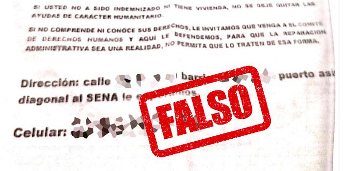 Pieza gráfica donde se muestra ejemplo de circular estafa con un sello en rojo que dice "FALSO"