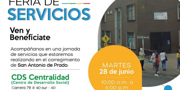 Pieza gráfica de invitación a Feria de servicios para víctimas de San Antonio de Prado