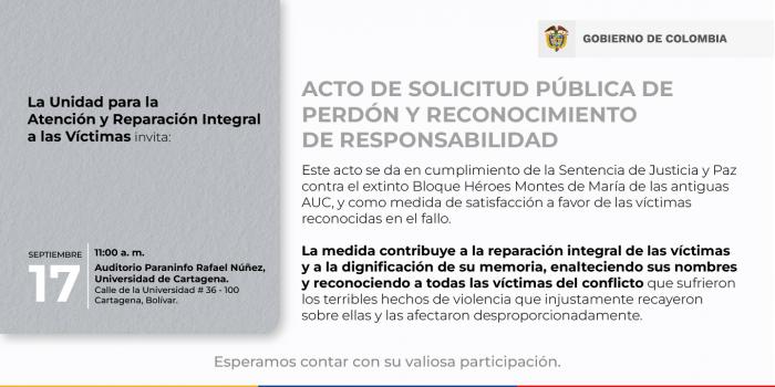 Invitación a Acto de solicitud pública de perdón y reconocimiento de responsabilidad del postulado Alexi Mancilla