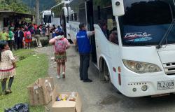 Personas pertenecientes a la comunidad embera que estaban en Bogotá junto a un par de buses flotas